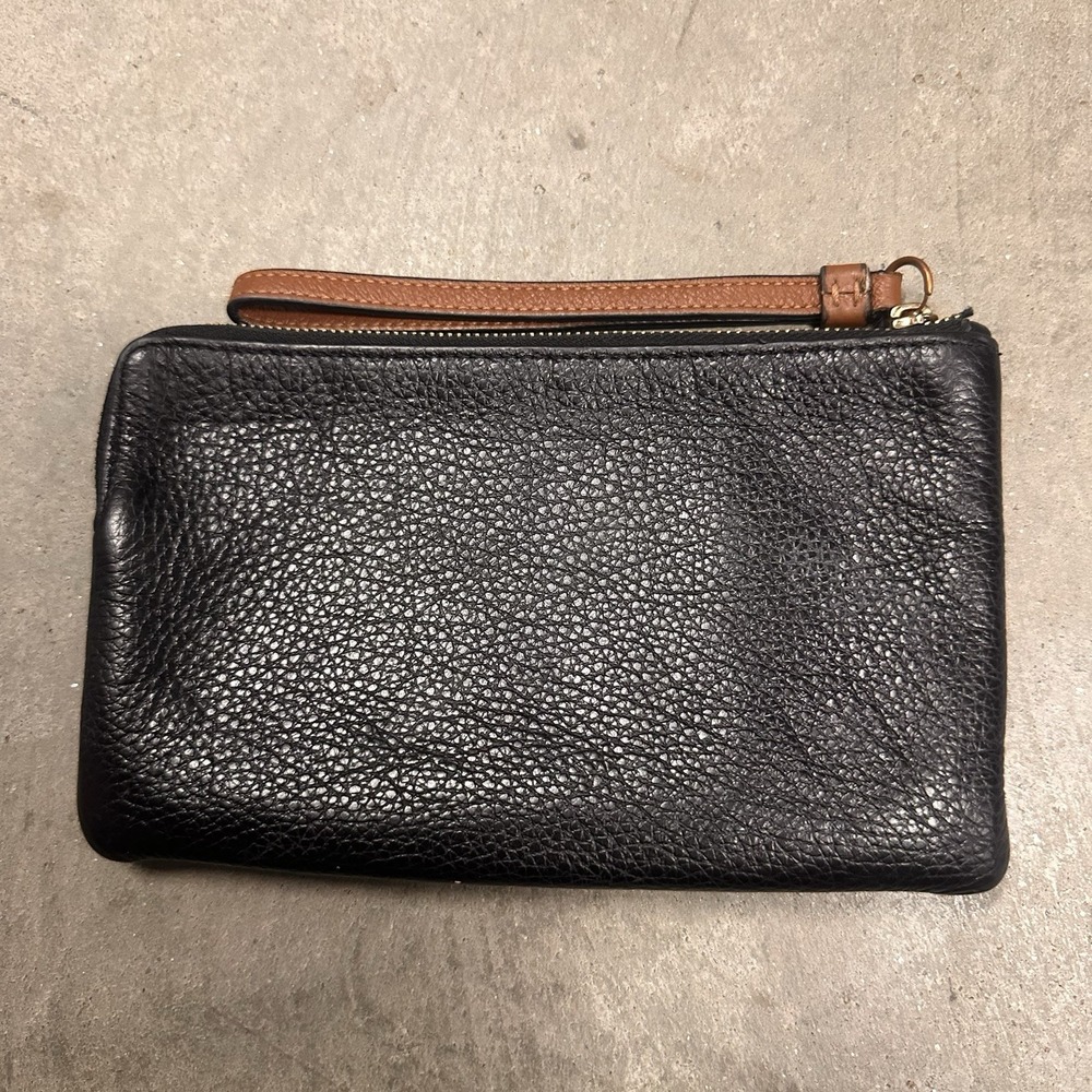 Coach Corner Zip Wristlet Wallet Embossed Logo Black Leather Carriage Large - Picture 2 of 8